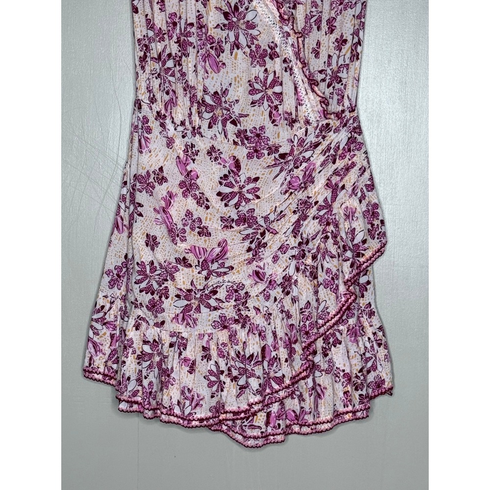 Poupette St Barth Pink Floral Smocked Mini Dress XS Lace Trim Faux Wrap - Picture 3 of 7